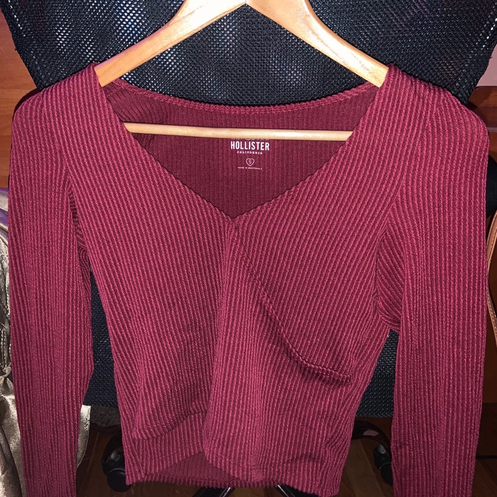 burgundy wrapped long sleeve top